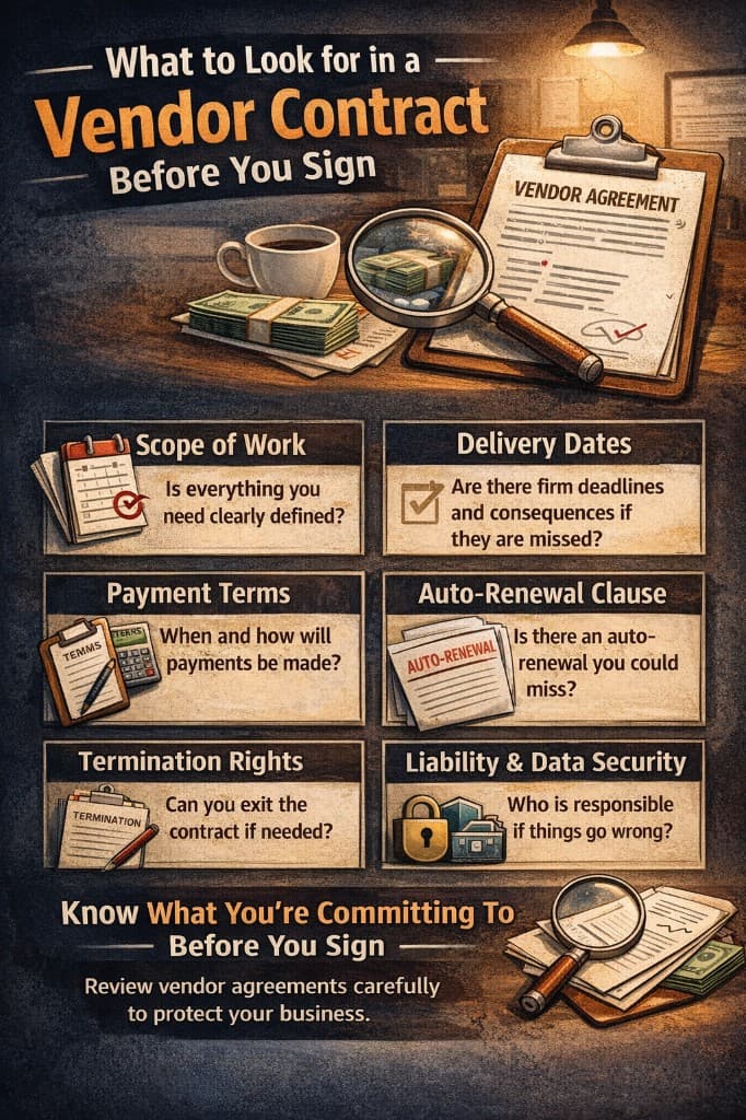 What to look for in a vendor contract before you sign — infographic showing scope of work, delivery dates, payment terms, auto-renewal clauses, termination rights, and liability considerations