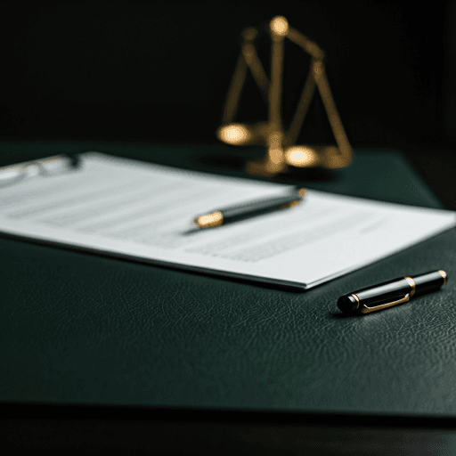 Legal contract with pen and scales of justice